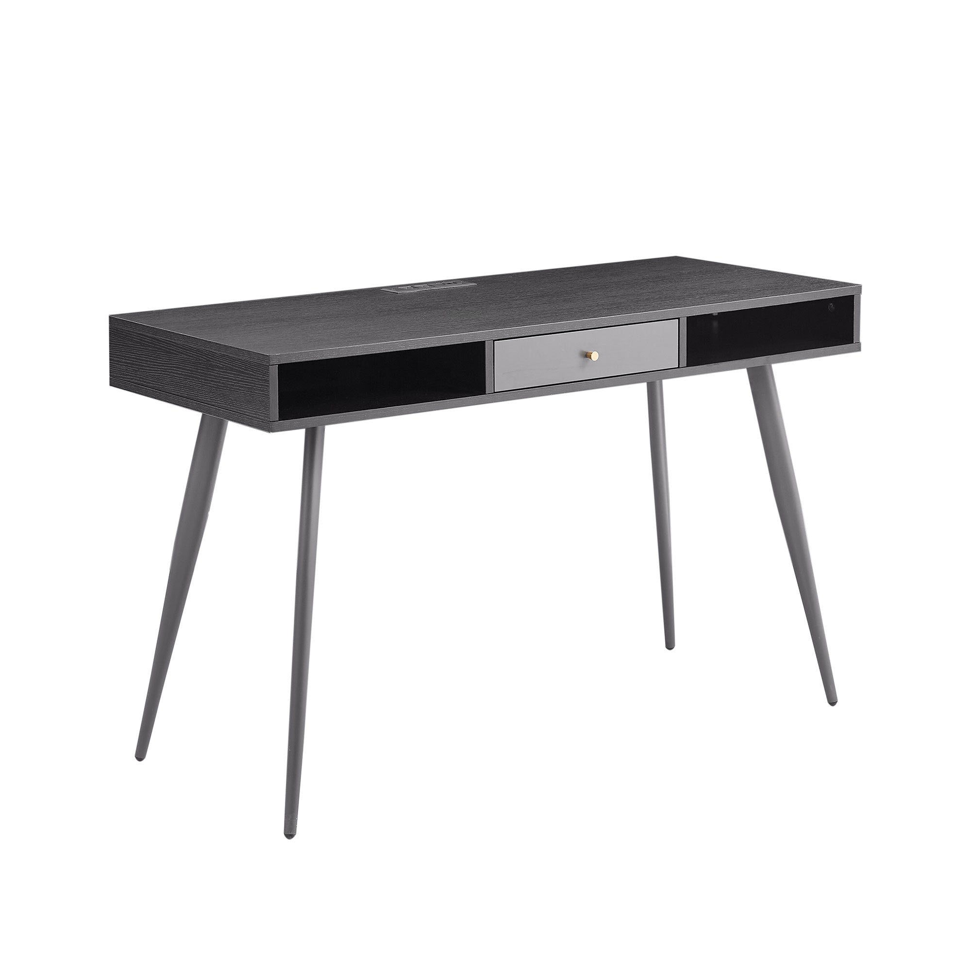 Mid Century Desk with USB Ports and Power Outlet, Modern Writing Study Desk with Drawers, Multifunctional Home Office Computer Desk Black
