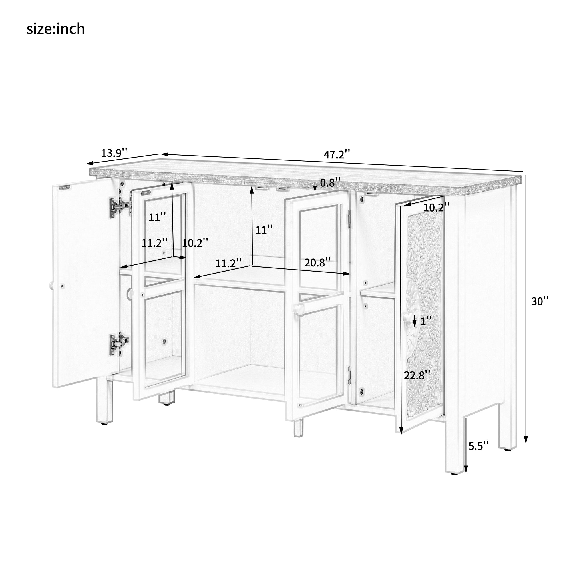 U-Can 47.2'' Retro TV Stand for TVs up to 43 Inches, Entertainment Center Media Console Cabinet with 3 Spacious Cabinets, Glass Cabinet Doors and Anti-tip Device for Living room