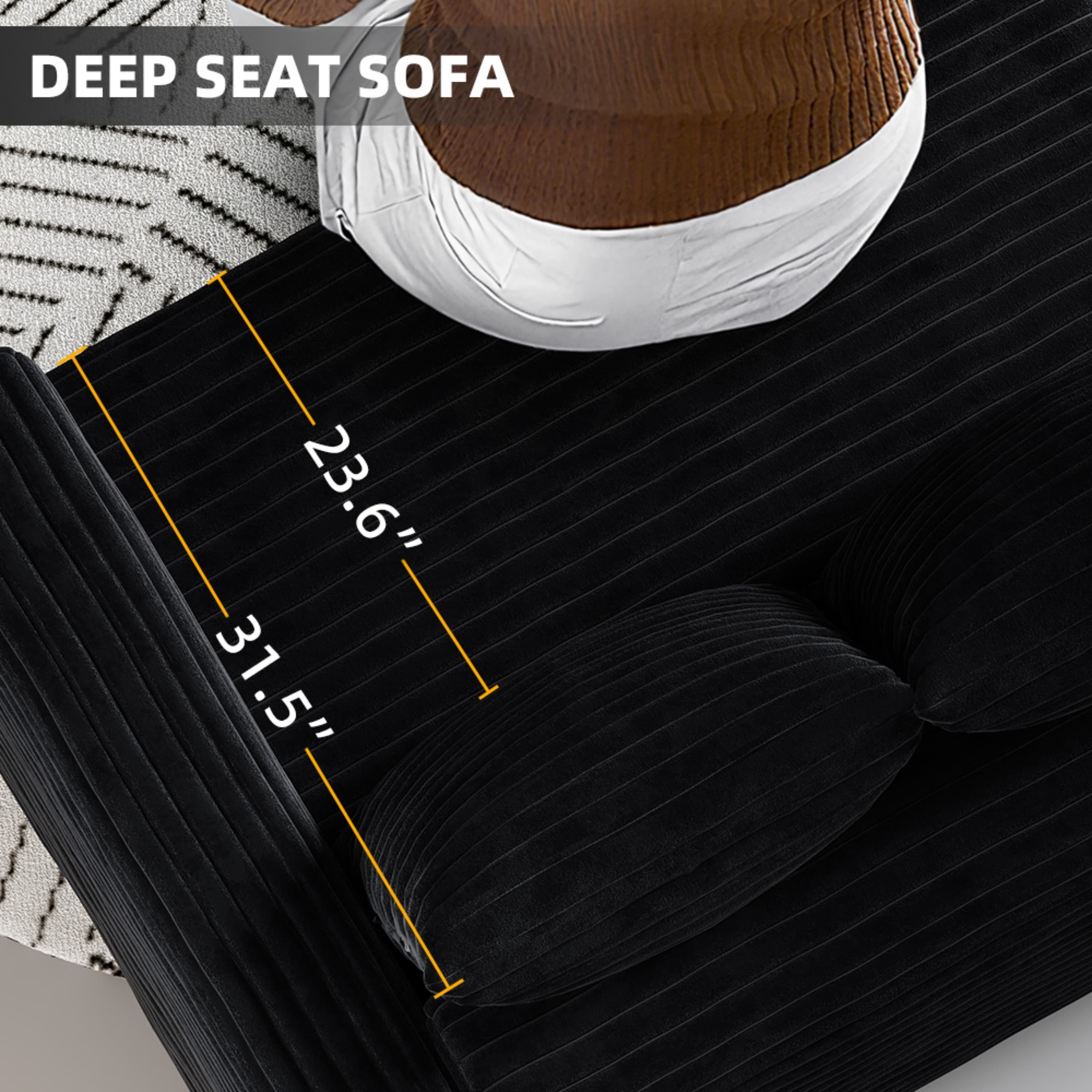 104.3 ' Plush Corduroy 4-Seat Sofa, Modern Comfy Upholstered Sofa Cloud Couch, Deep Seat Couches with Soft Pillows and 2 Ottomans, Convertible Sofa Lounge Chair, for Living Room,Apartment,Office,Black