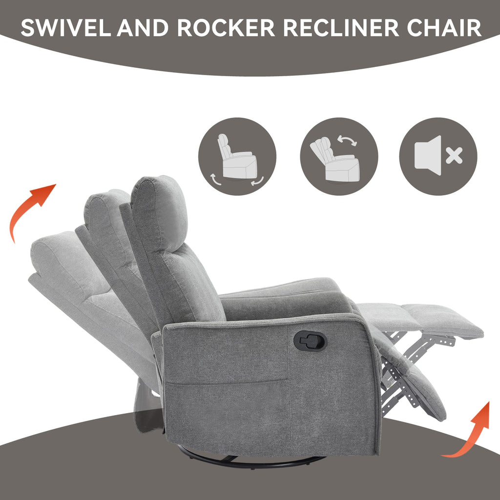 Heat Massage Manual Recliner Chair with Rocker and Swivel in Fabric for Living Room, Grey