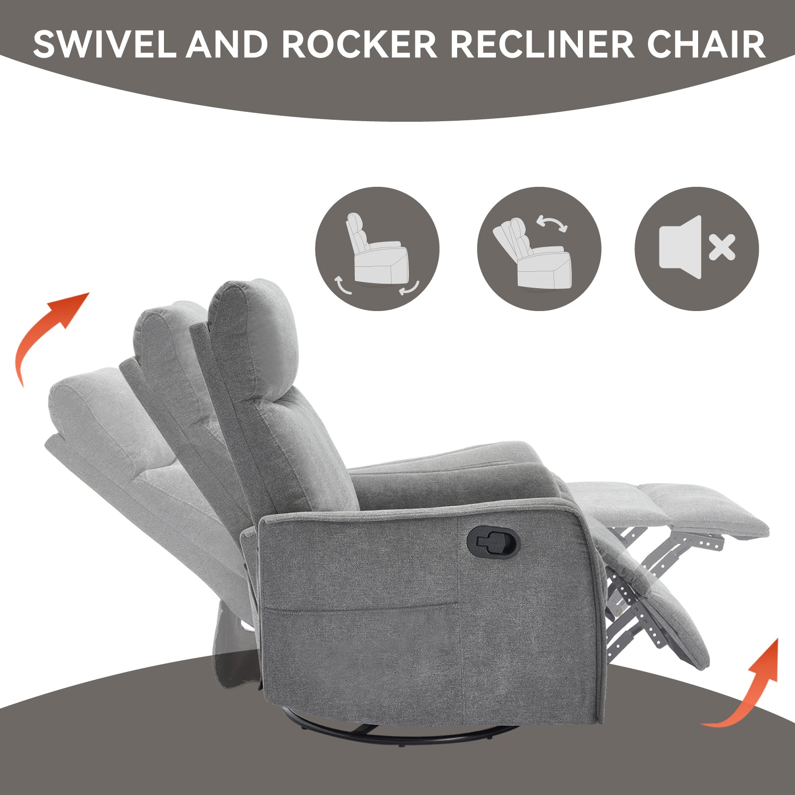 Heat Massage Manual Recliner Chair with Rocker and Swivel in Fabric for Living Room, Grey