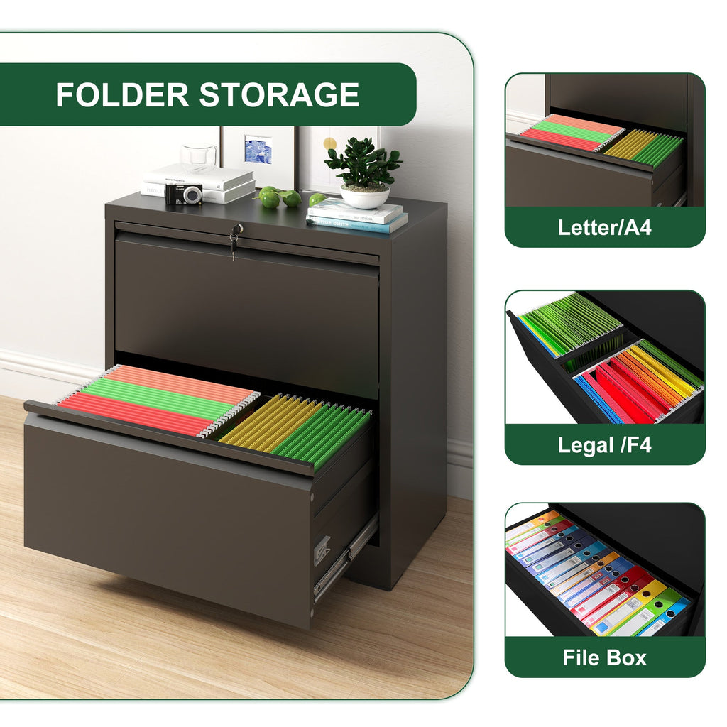 Premium 2 Drawer Metal Lateral File Cabinet with Lock, Black Steel Wide Horizontal Filing Cabinets for Home Office