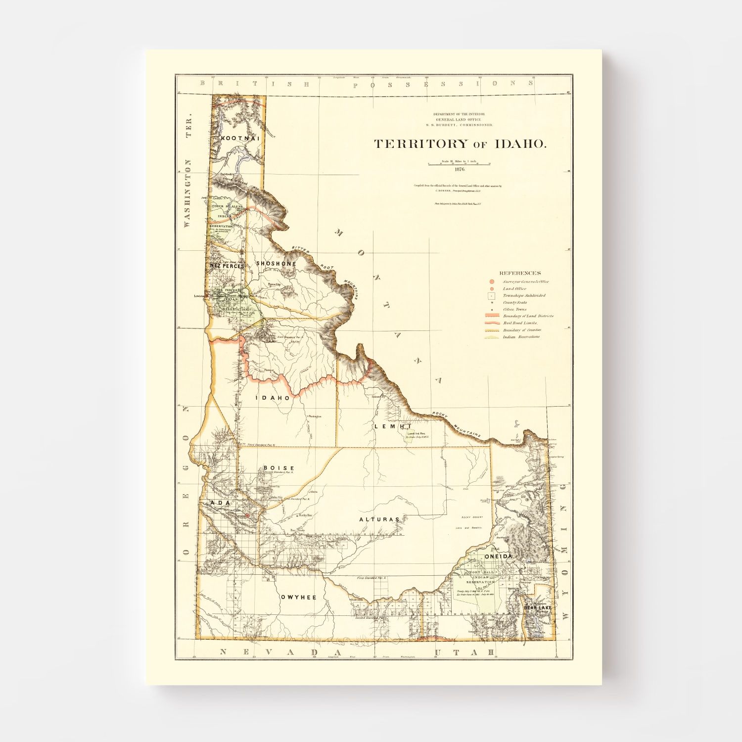 Vintage Map of Idaho 1876