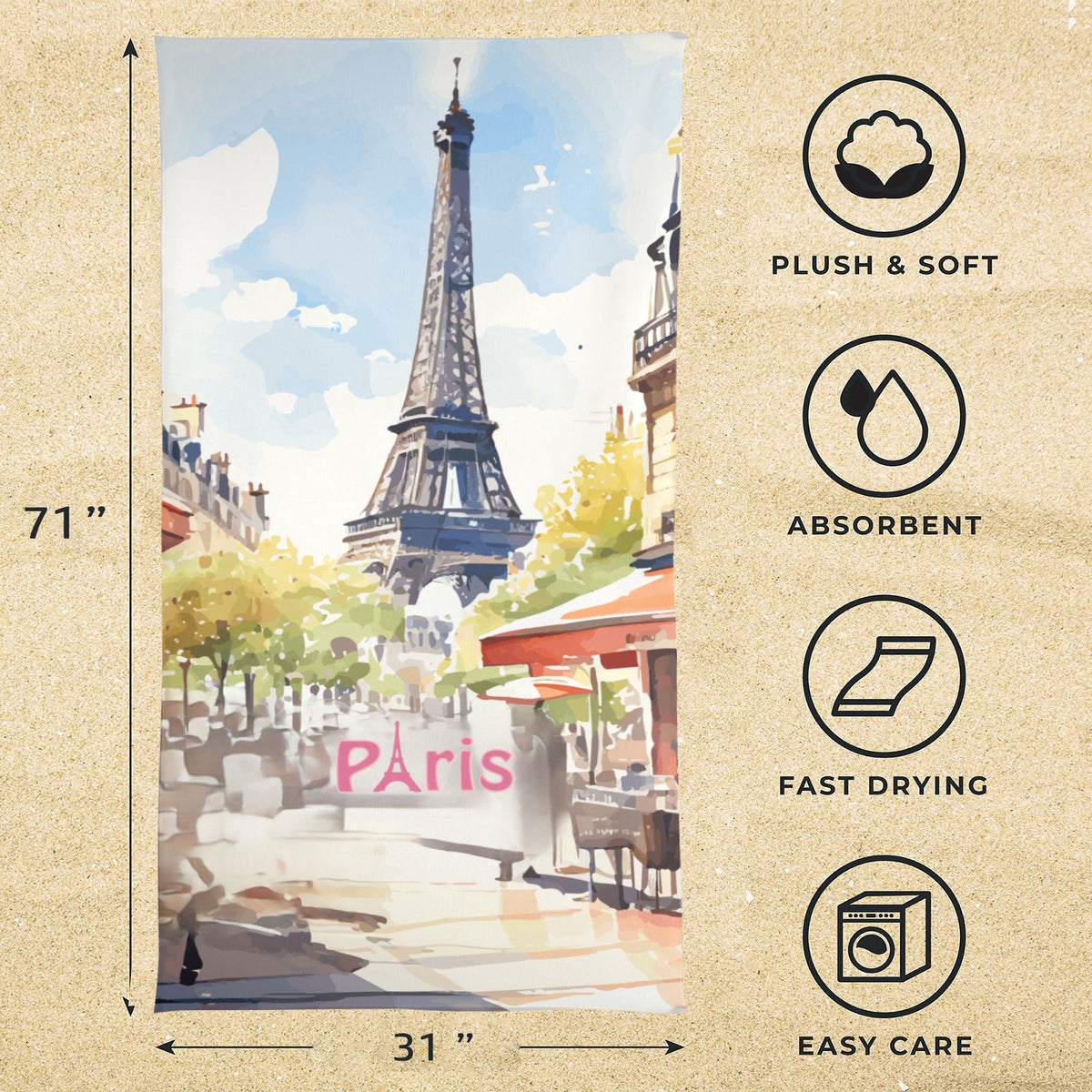 Paris France Eiffel Tower Beach Towel - 31" x 71" (Made in USA)