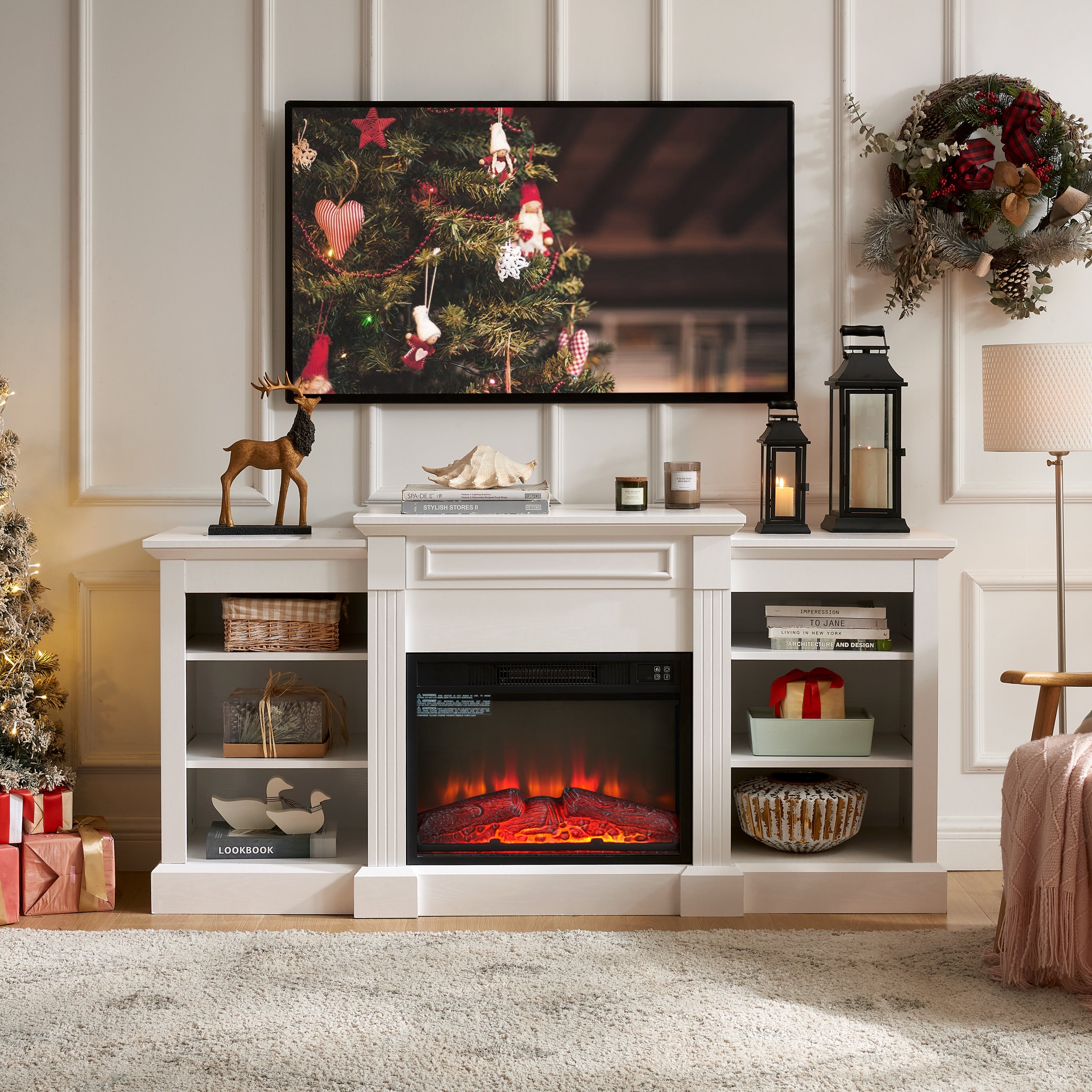 Media Console Table with Large Storage Cabinet, with 23' Fireplace Insert, for TV Up to 70'', Modern TV Media Entertaionment Stand, White, 65.75'W*17'D*32.48'H