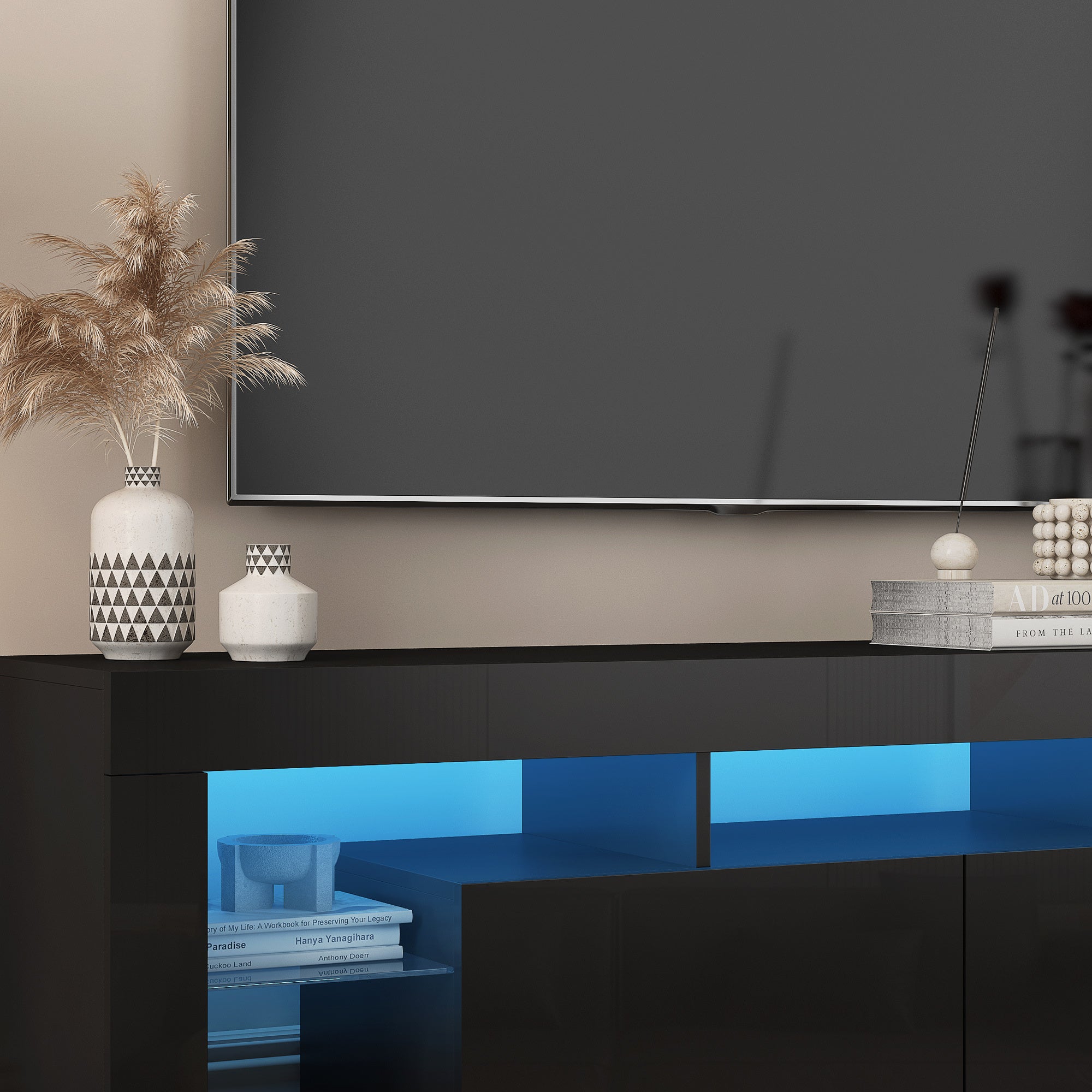 High gloss TV Stand with LED Lights for TVs up to 65'', Modern TV Console with Storage Cabinets for Living Room,Black