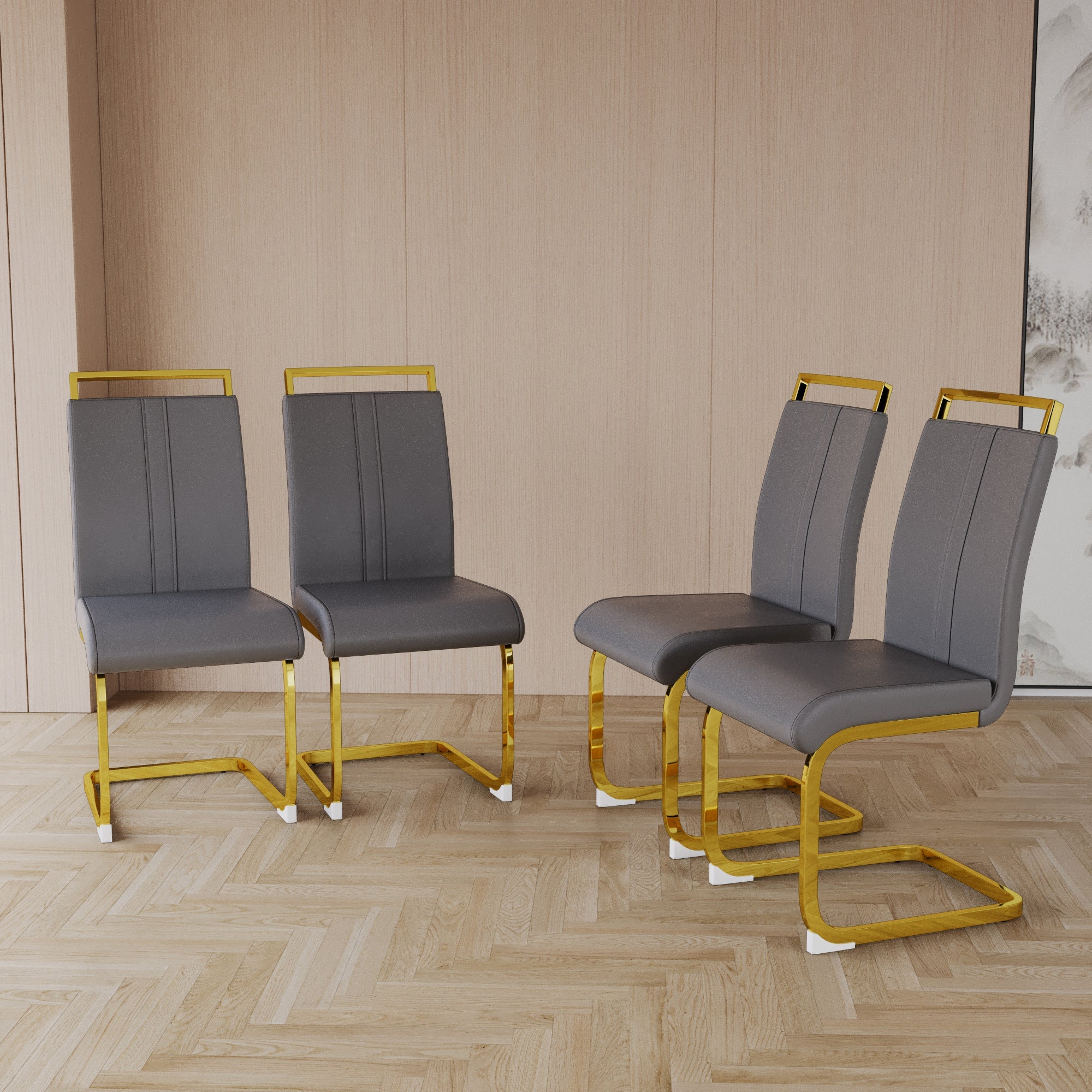 Dining Chairs Set of 4, Side & Kitchen Chairs with Gold Frame, Faux Leather Padded Seat High Back, for Dining, Kitchen & Living Room - Dark Grey