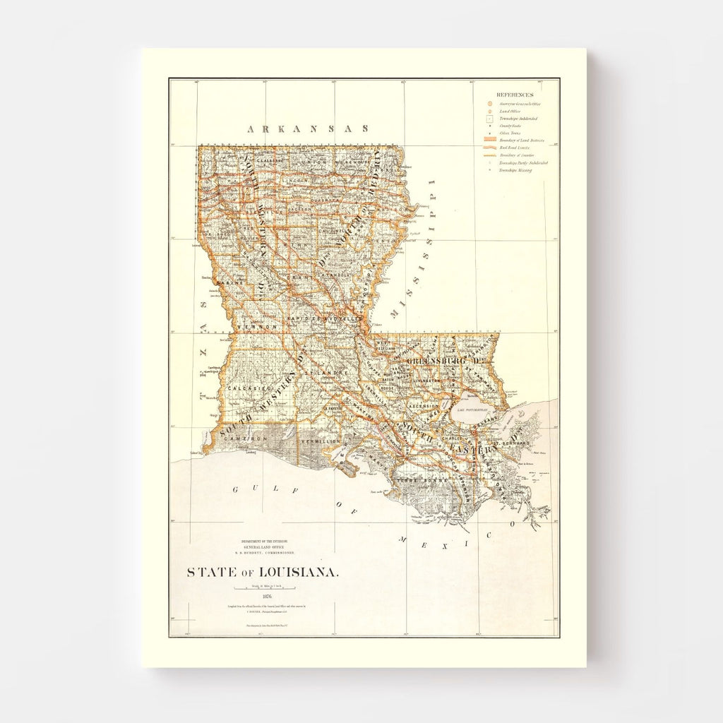 Vintage Map of Louisiana 1876