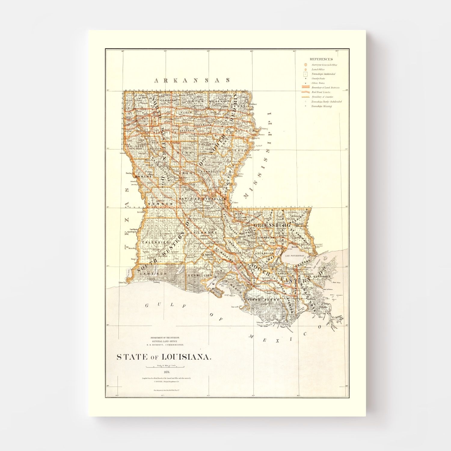 Vintage Map of Louisiana 1876