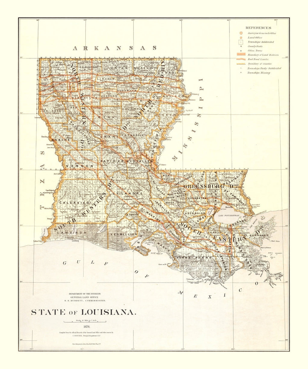 Vintage Map of Louisiana 1876