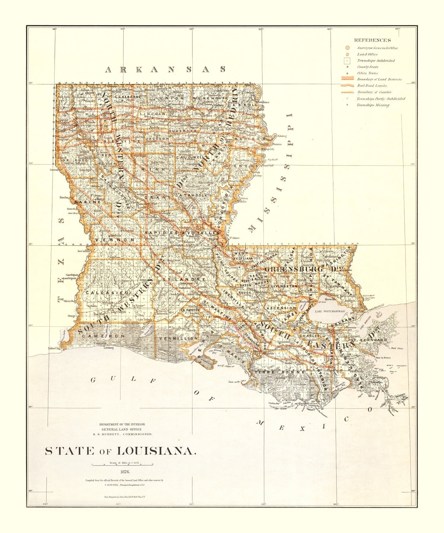 Vintage Map of Louisiana 1876