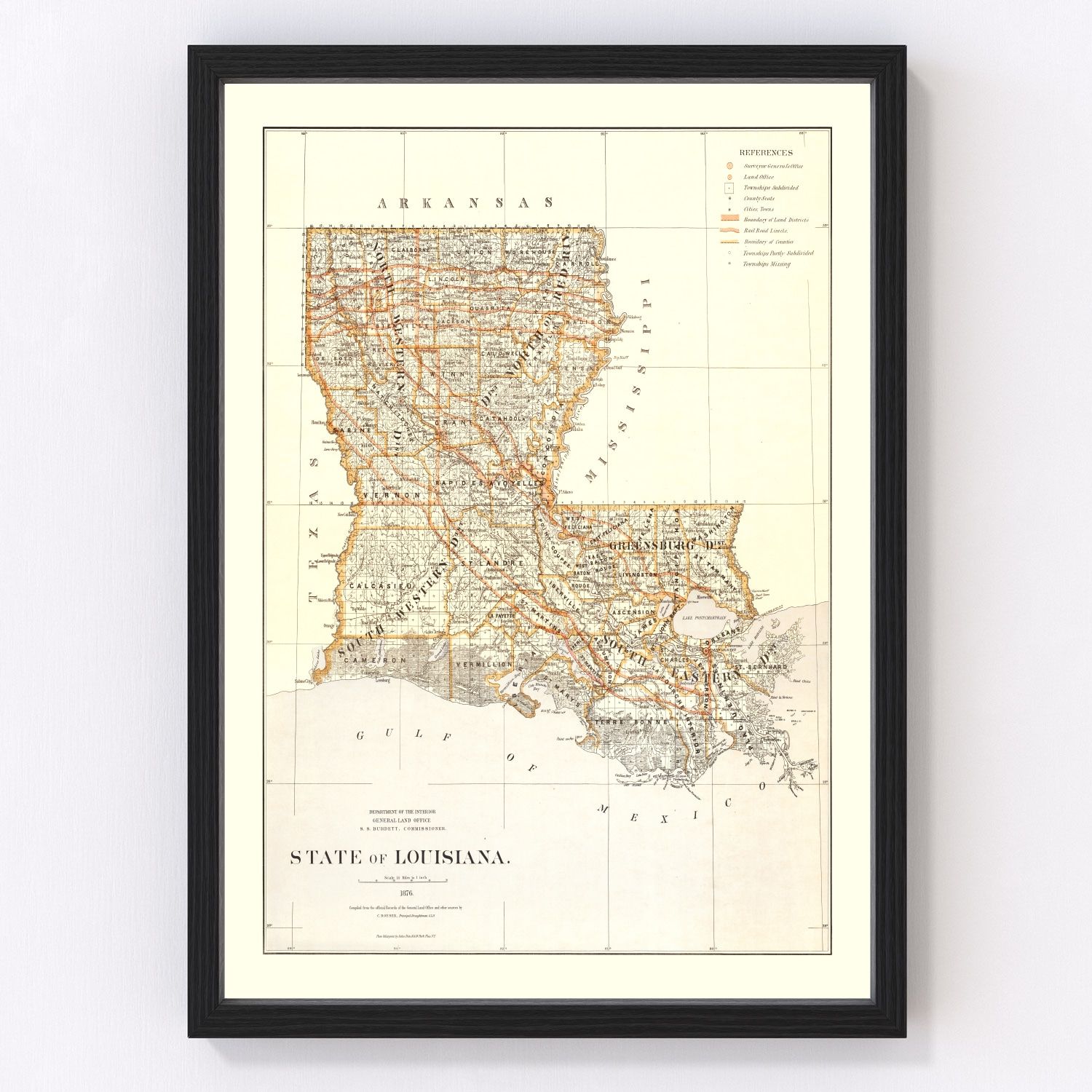 Vintage Map of Louisiana 1876