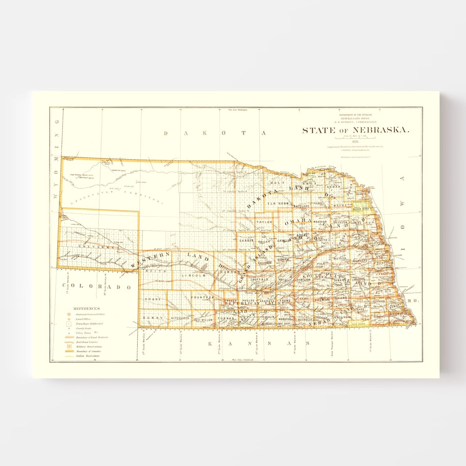 Vintage Map of Nebraska 1876