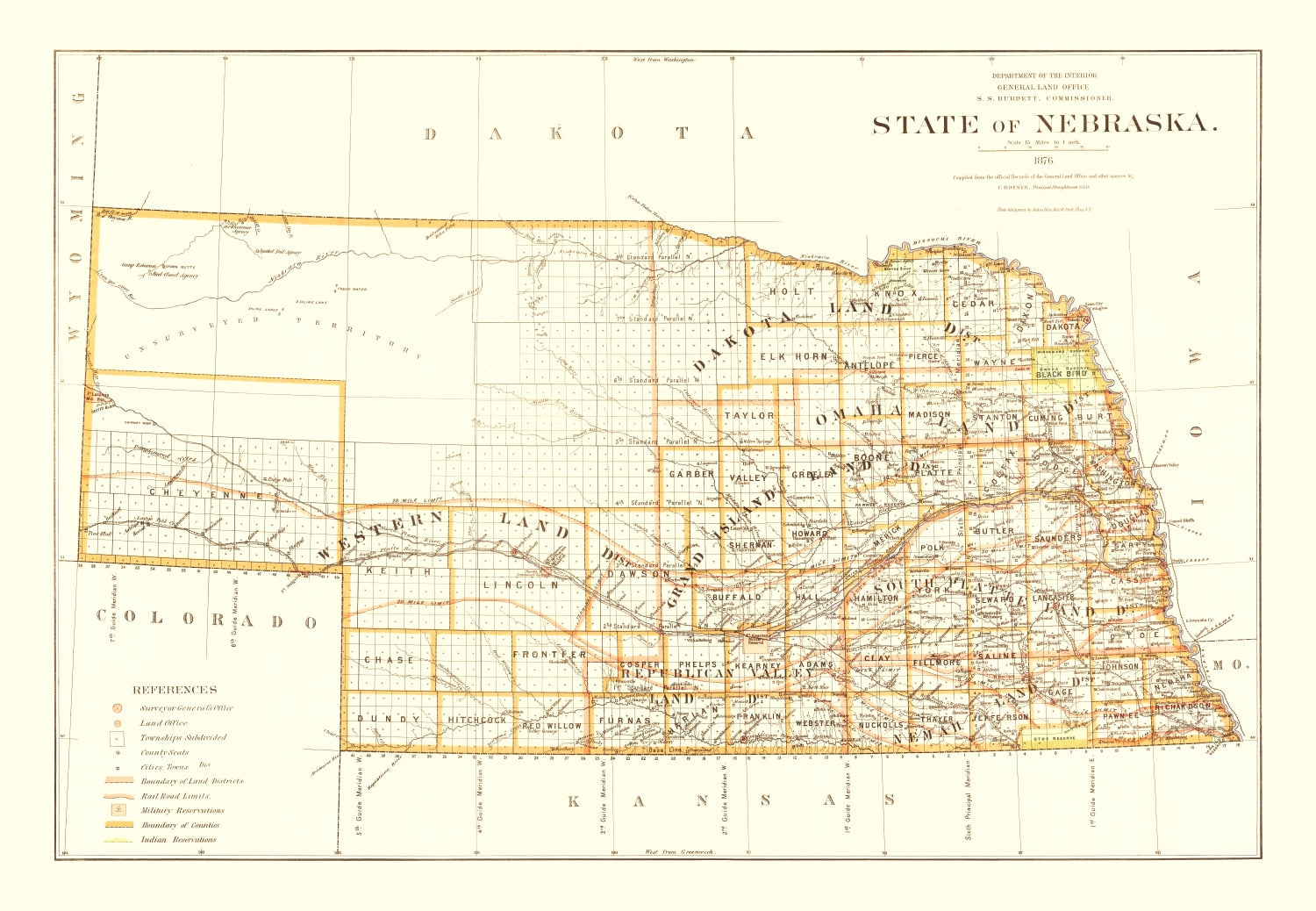 Vintage Map of Nebraska 1876