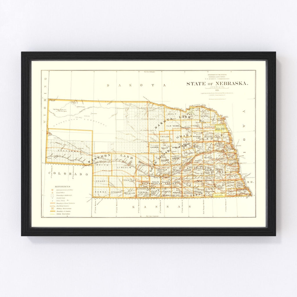 Vintage Map of Nebraska 1876