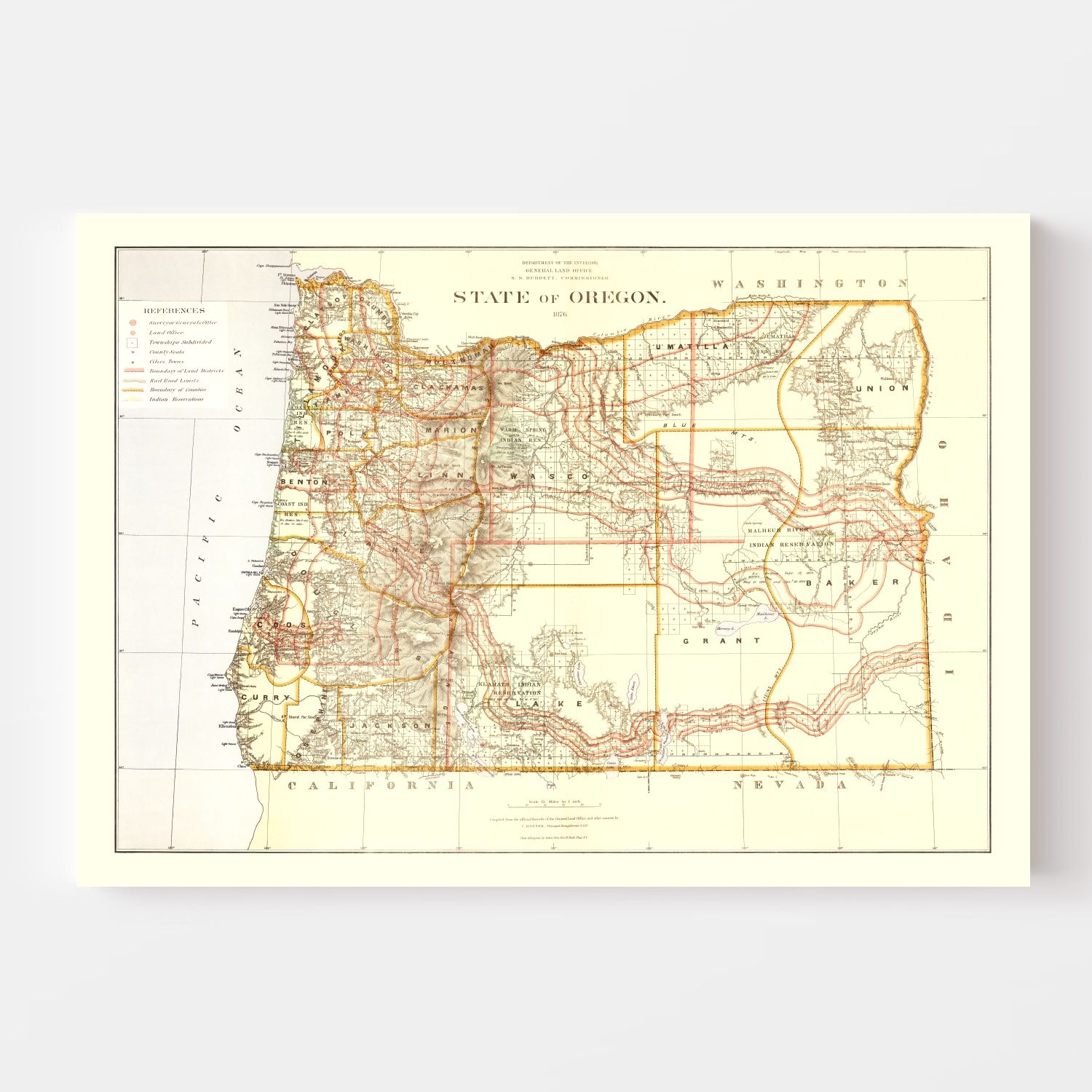 Vintage Map of Oregon 1876