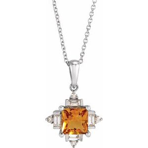 Platinum Natural Citrine & 1/5 CTW Natural Diamond Geometric 16-18" Necklace