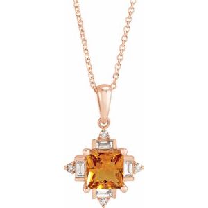 14K Rose Natural Citrine & 1/5 CTW Natural Diamond Geometric 16-18" Necklace