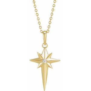 14K Yellow Gold .03 CT Natural Diamond Star Cross 16-18" Necklace