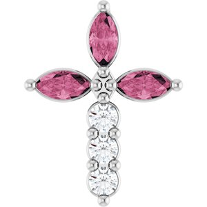 14K White Gold Natural Pink Tourmaline & 1/10 CTW Natural Diamond Cross Pendant