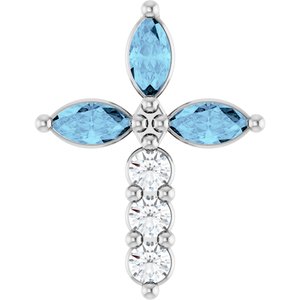 14K White Gold Natural Aquamarine & 1/10 CTW Natural Diamond Cross Pendant