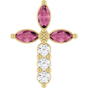 14K Yellow Gold Natural Pink Tourmaline & 1/10 CTW Natural Diamond Cross Pendant
