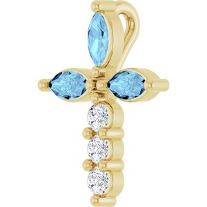 14K Yellow Gold Natural Aquamarine & 1/10 CTW Natural Diamond Cross Pendant