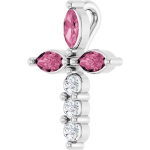 Sterling Silver Natural Pink Tourmaline & 1/10 CTW Natural Diamond Cross Pendant