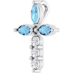 14K White Gold Natural Aquamarine & 1/10 CTW Natural Diamond Cross Pendant