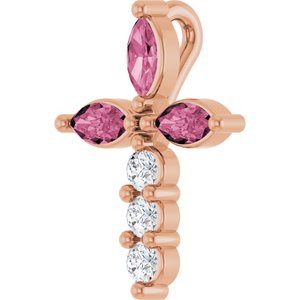 14K Rose Gold Natural Pink Tourmaline & 1/10 CTW Natural Diamond Cross Pendant