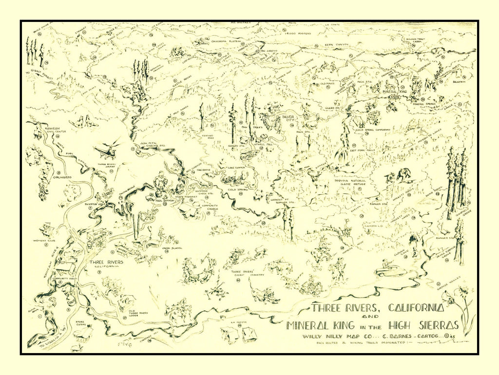 Vintage Map of Three Rivers, California 1945