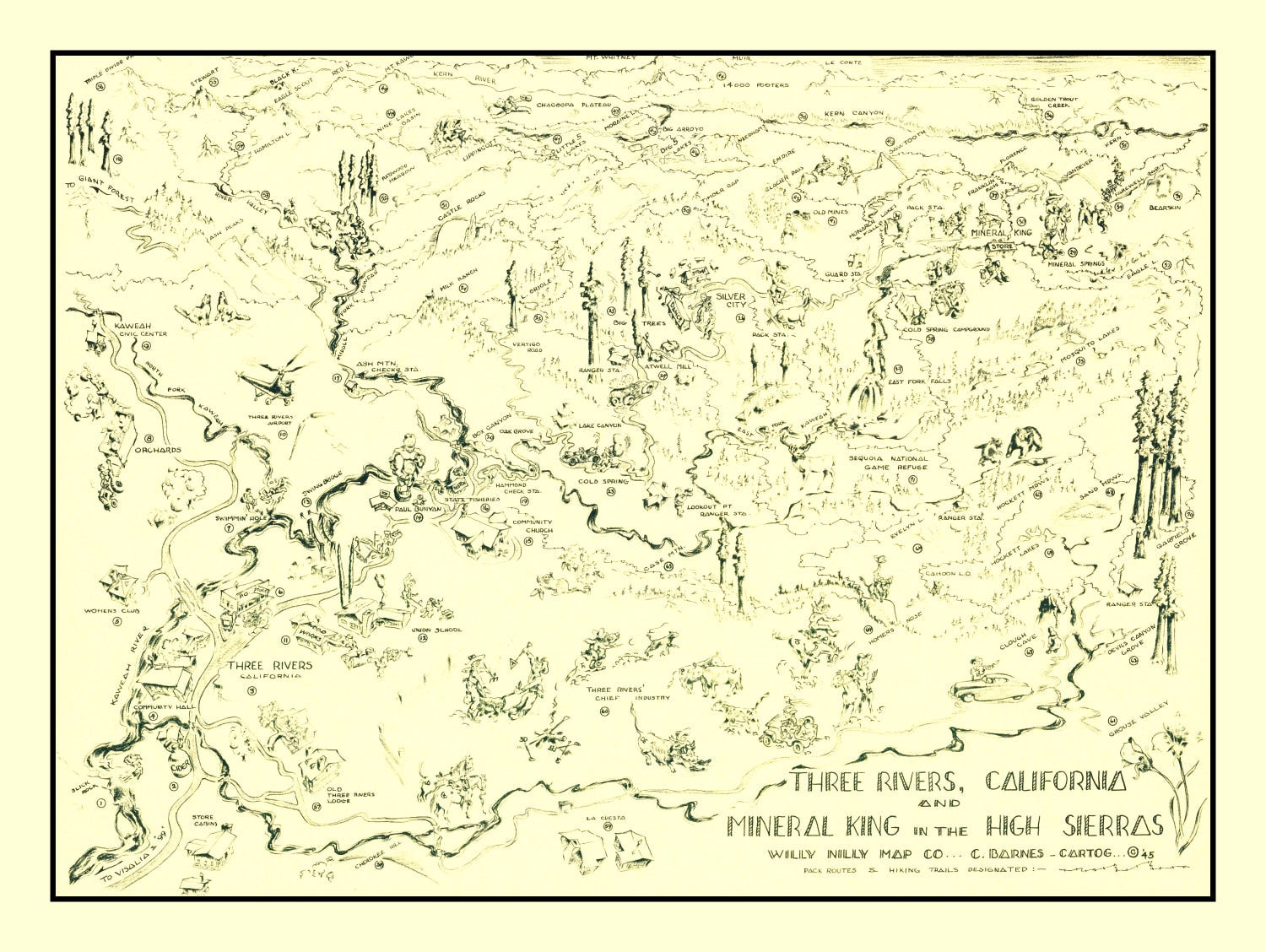 Vintage Map of Three Rivers, California 1945