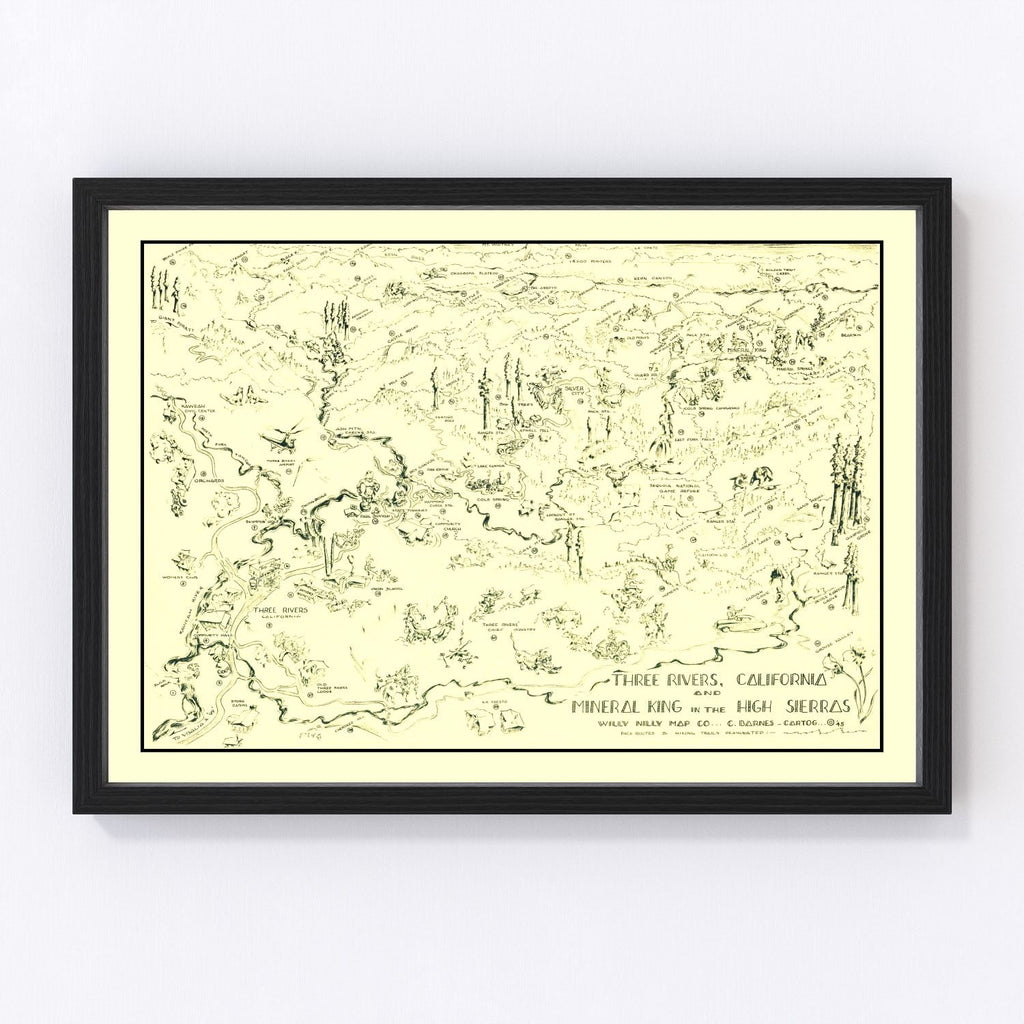 Vintage Map of Three Rivers, California 1945