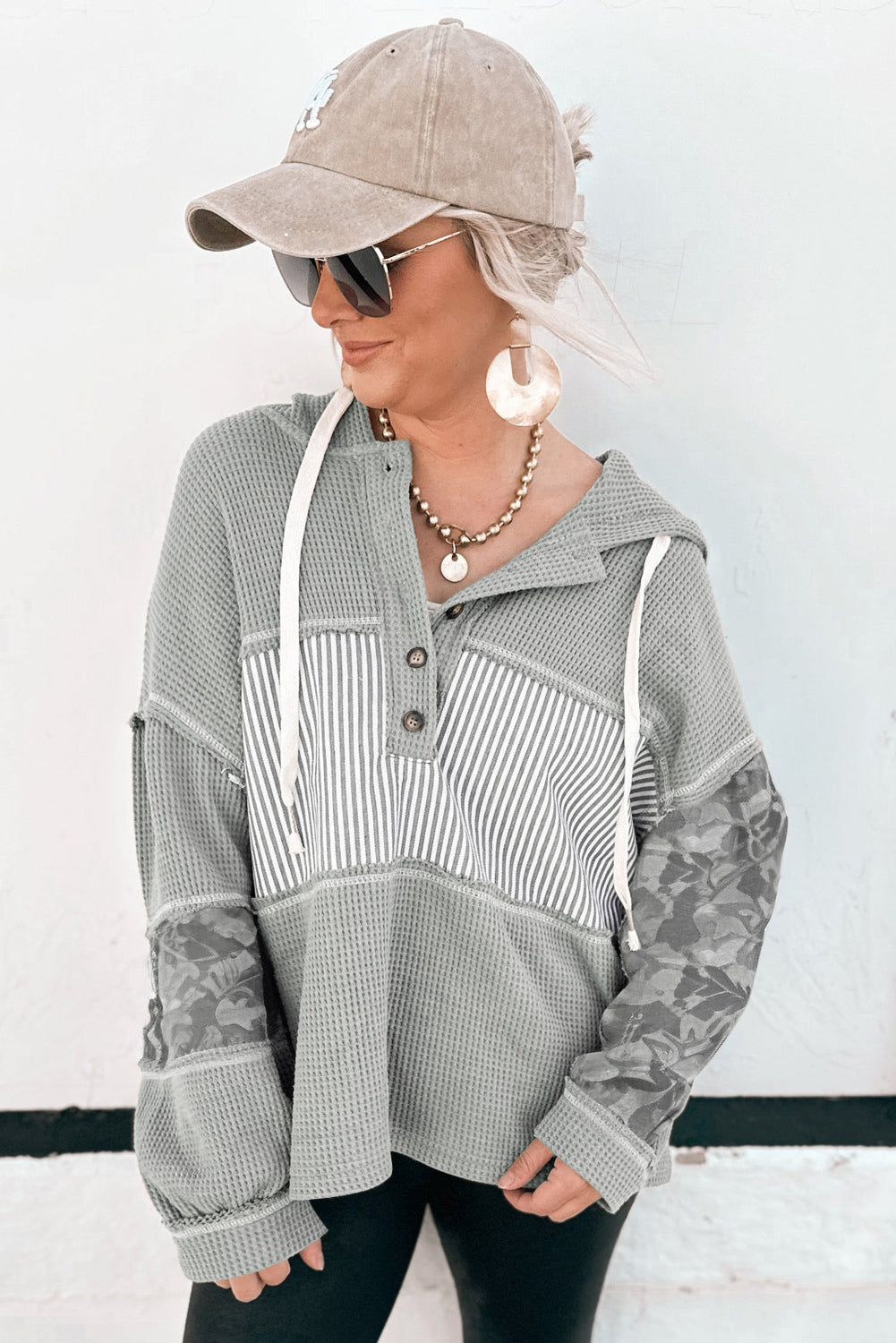 Stripe Waffle Patchwork Hooded Long Sleeve Top
