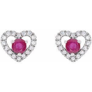 14K White Gold Natural Ruby & 1/10 CTW Natural Diamond Heart Earrings