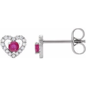14K White Gold Natural Ruby & 1/10 CTW Natural Diamond Heart Earrings