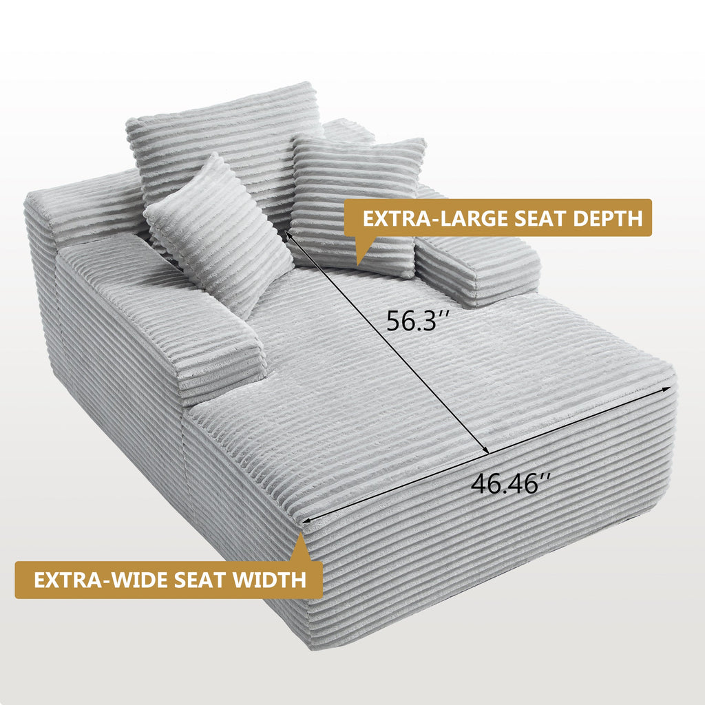 67' Chaise Lounge Chair 9.9'' Wide Armrest Indoor Corduroy Oversized Sleeper Sofa for Living Room Deep Seat Lounge and Three Soft Pillows Convertible Boneless Sofa Bed, Light Grey,No Assembly Required