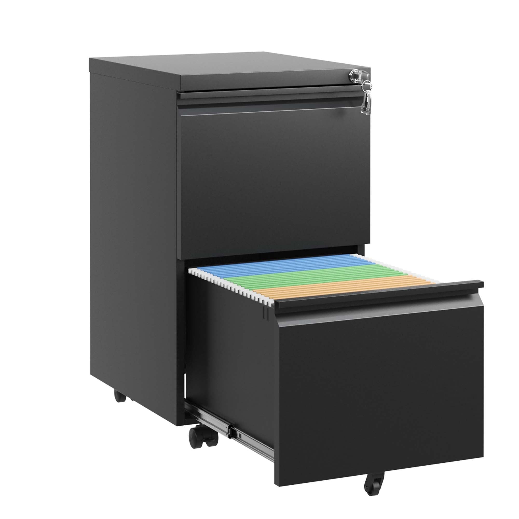Sleek Modern 2 Drawer Metal Mobile File Cabinet with Lock, Black, Compact Size