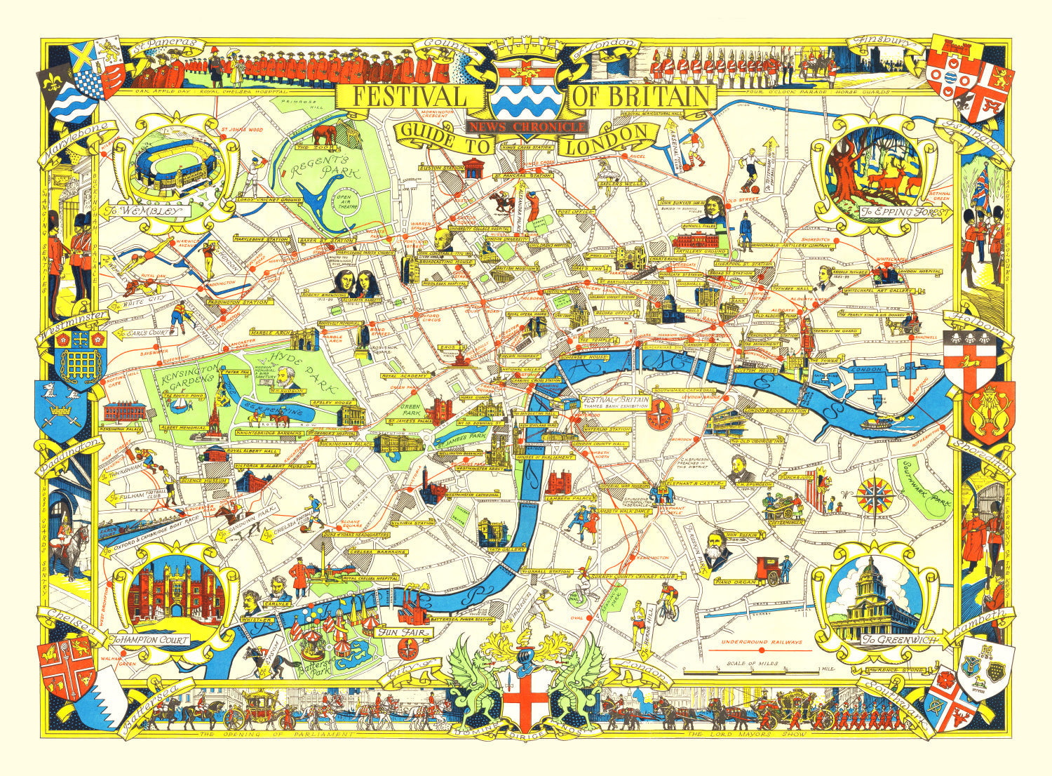 Vintage Map of London, England 1951