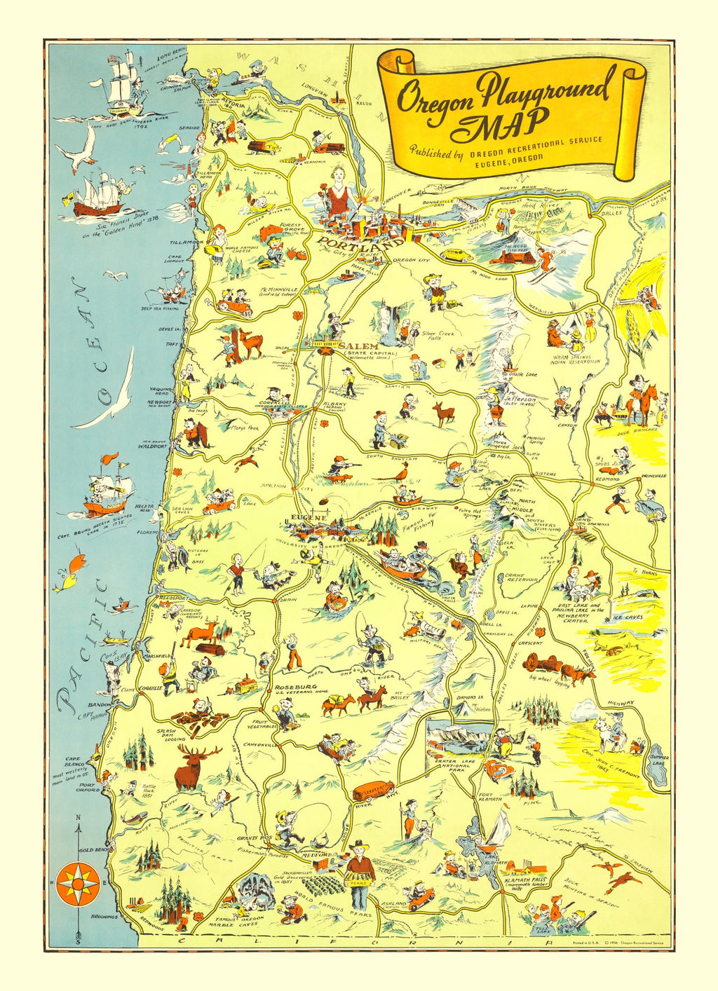 Vintage Map of Oregon 1936