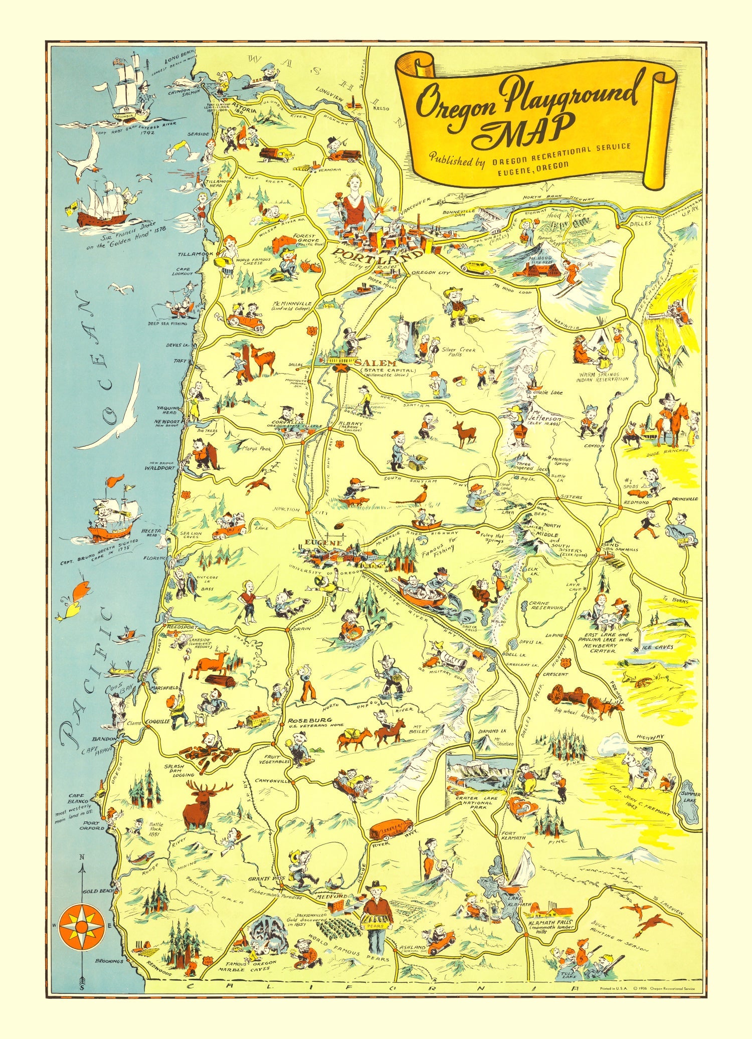 Vintage Map of Oregon 1936