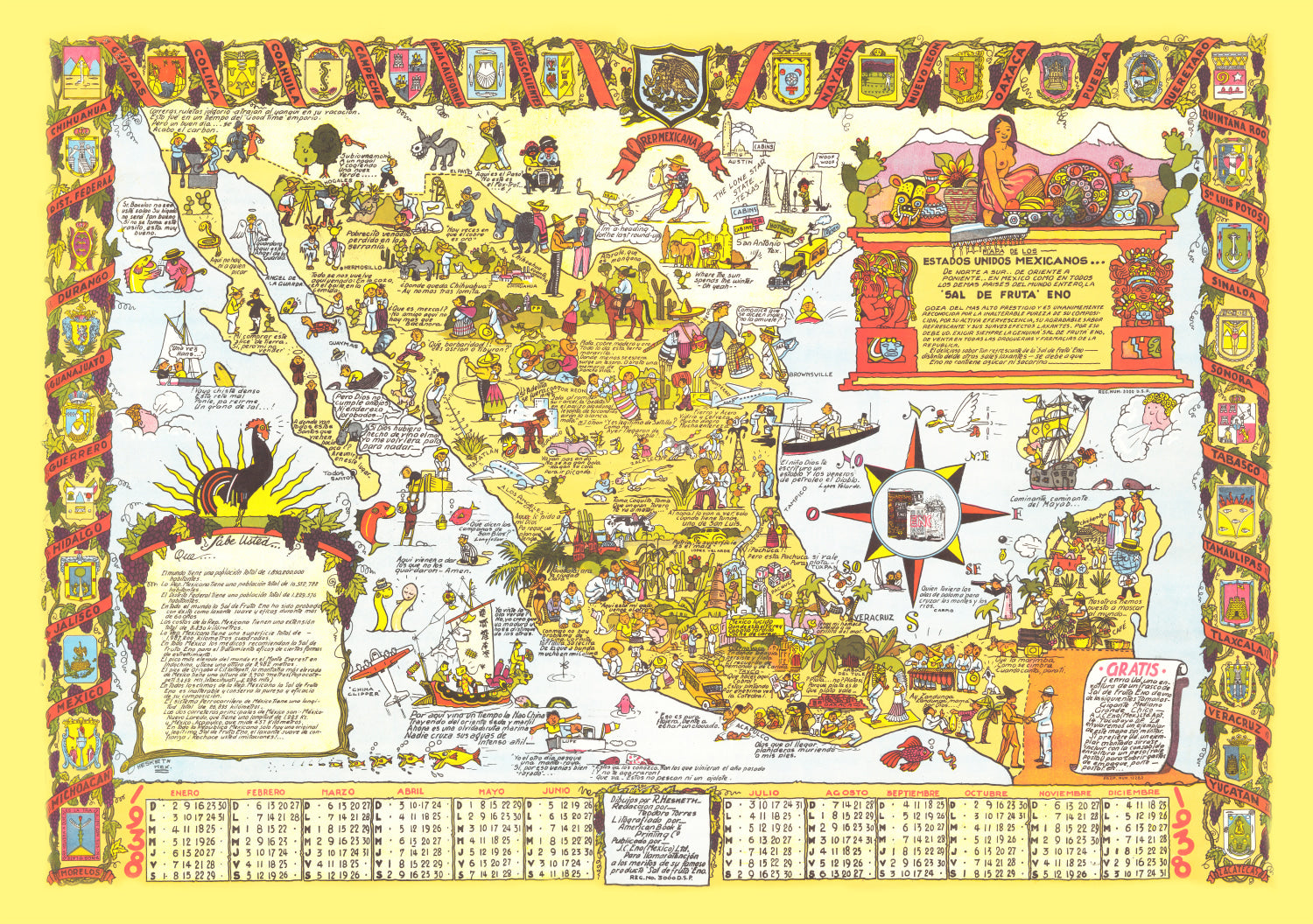 Vintage Pictorial Map of Mexico, 1938