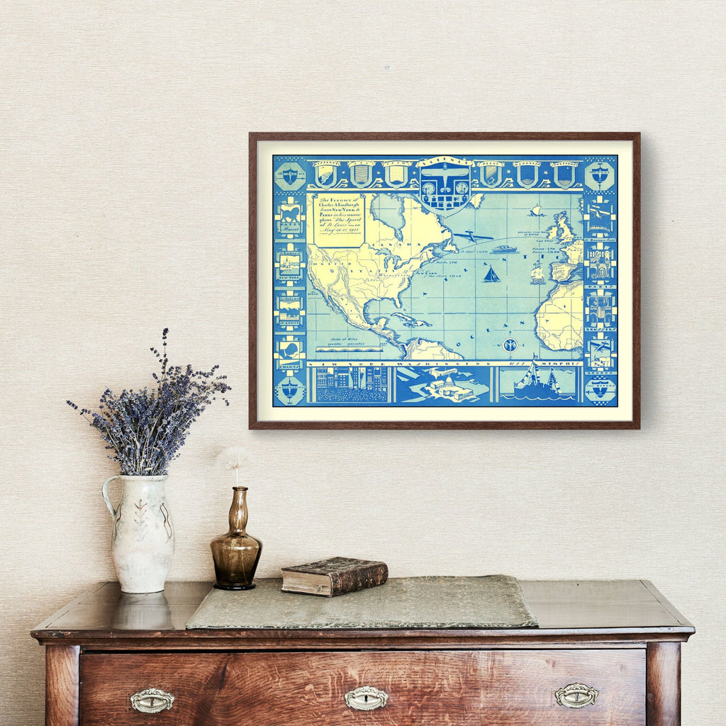 Vintage Map of Flight of Charles Lindbergh, 1927