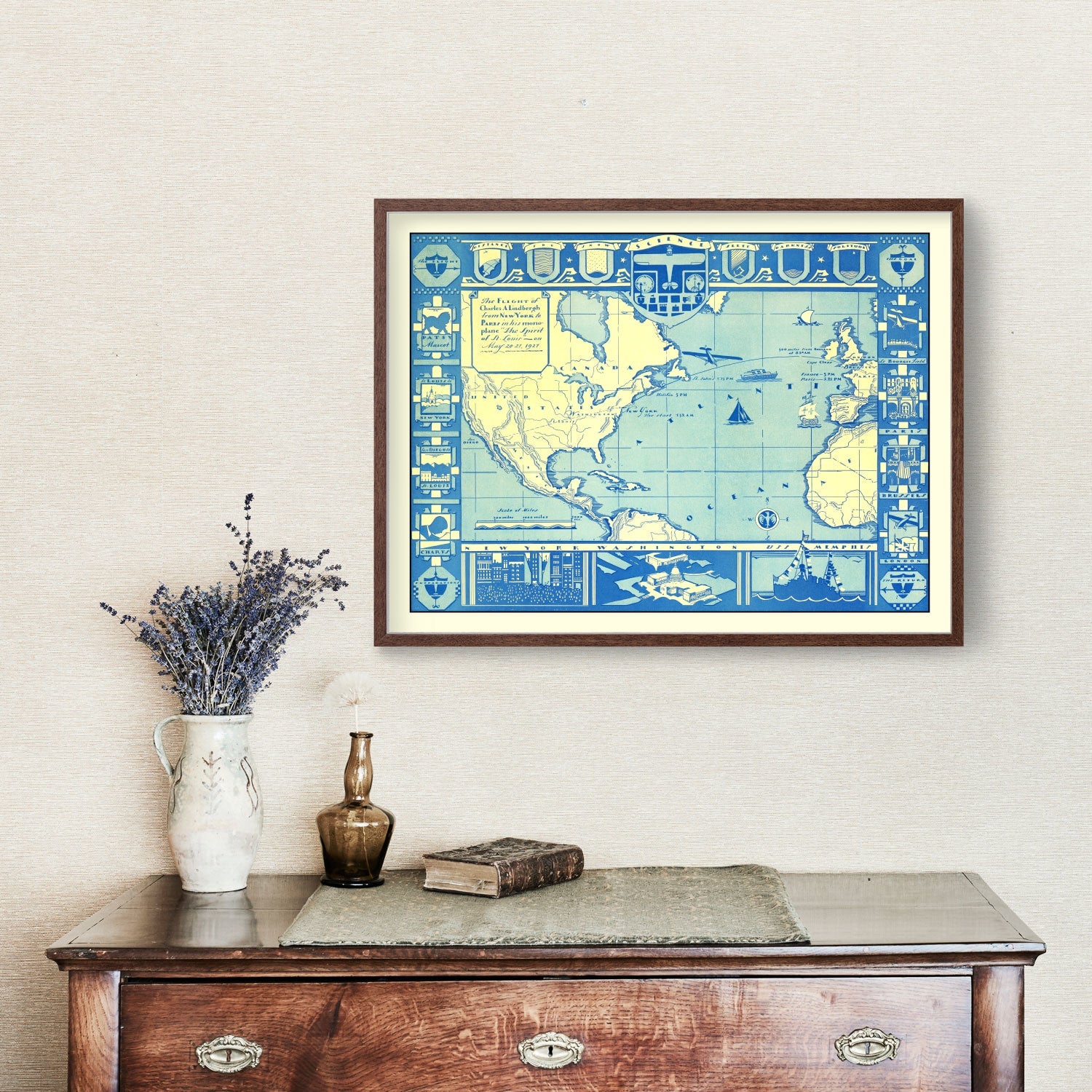 Vintage Map of Flight of Charles Lindbergh, 1927