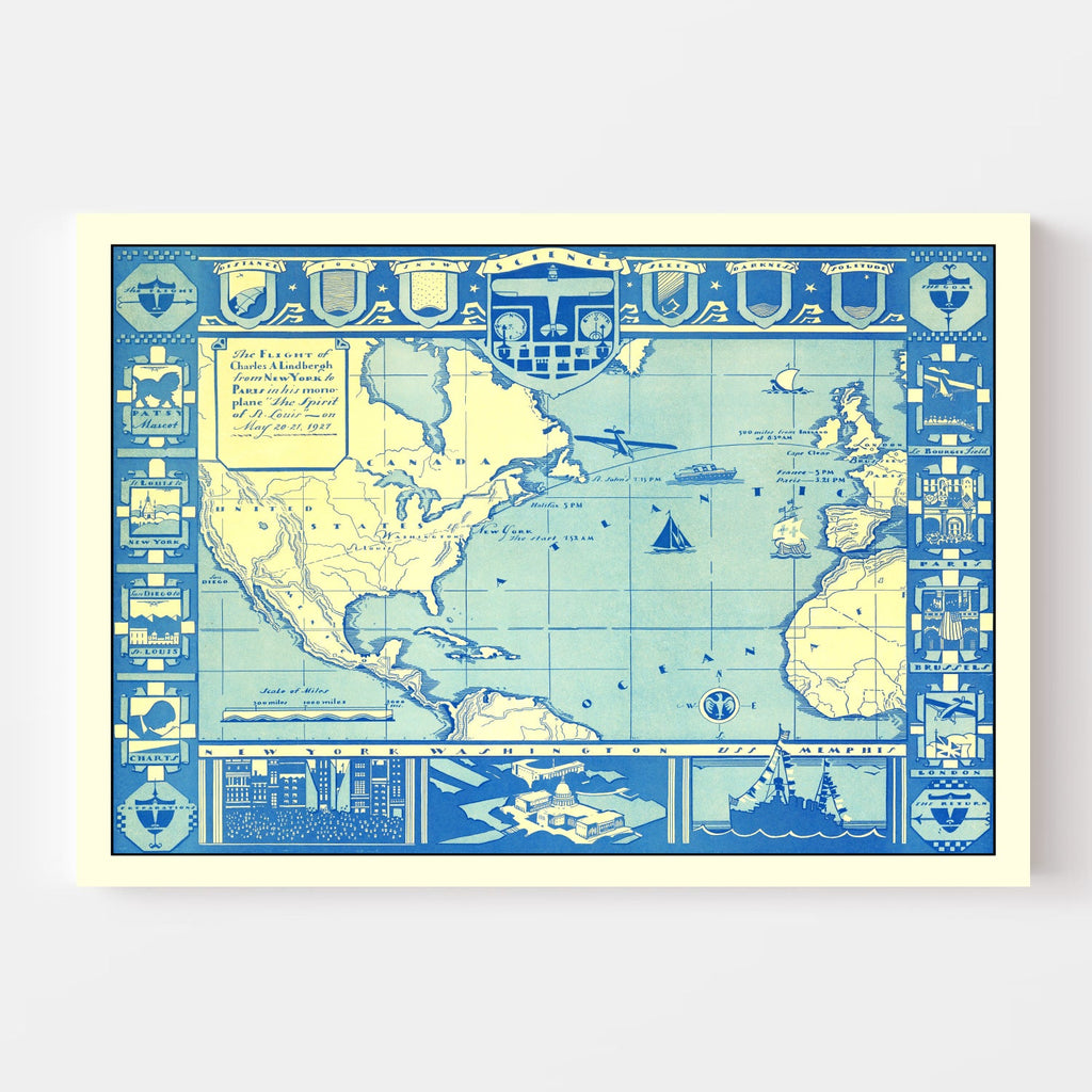 Vintage Map of Flight of Charles Lindbergh, 1927