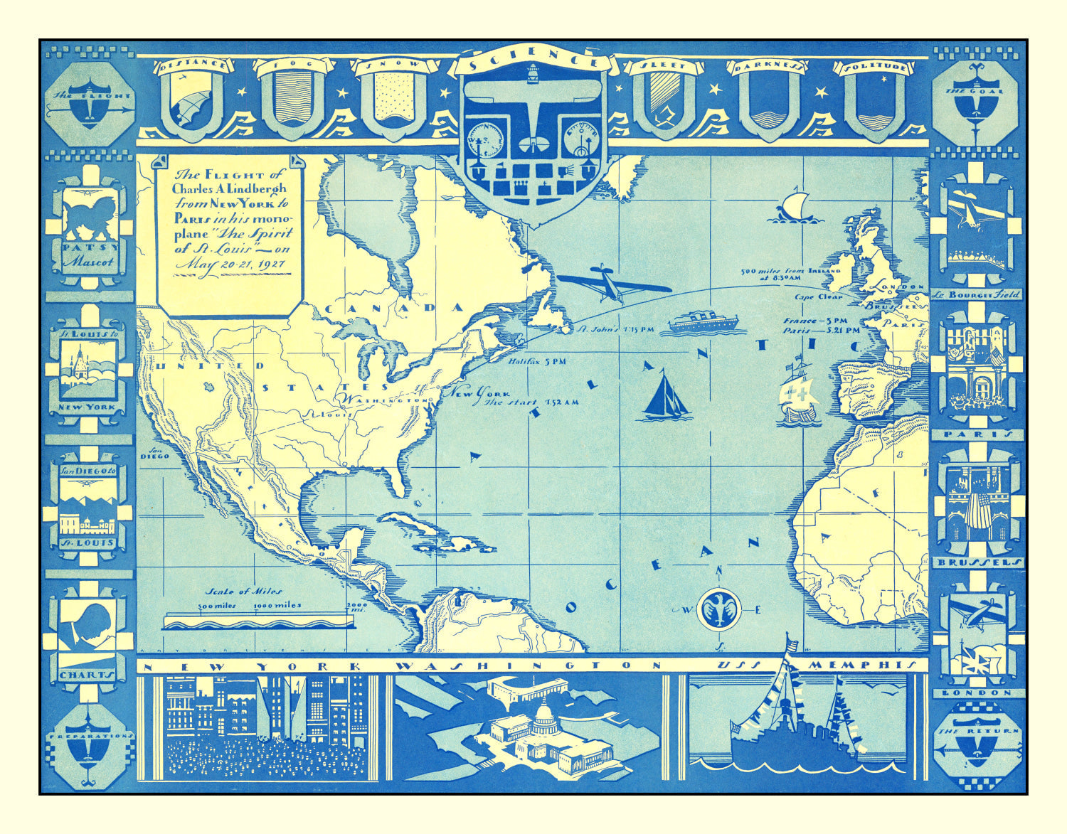 Vintage Map of Flight of Charles Lindbergh, 1927
