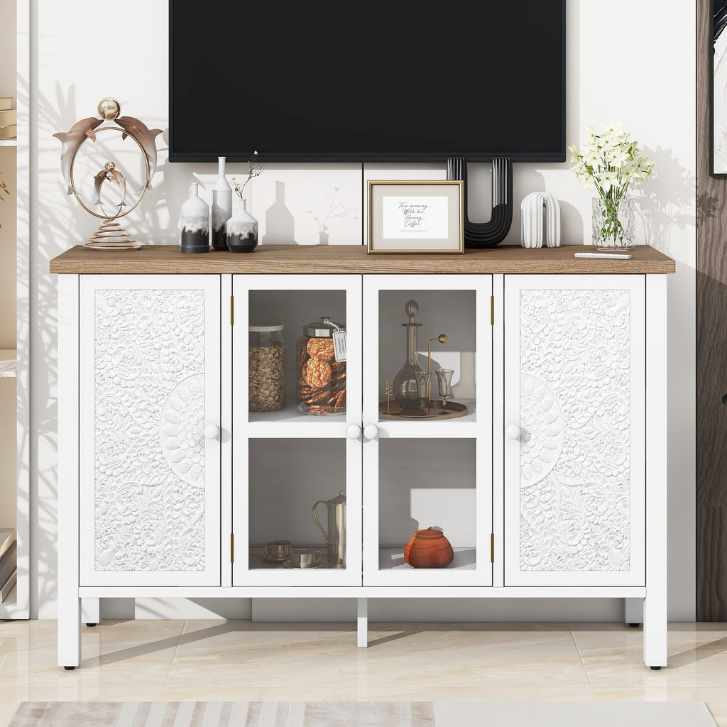 U-Can 47.2'' Retro TV Stand for TVs up to 43 Inches, Entertainment Center Media Console Cabinet with 3 Spacious Cabinets, Glass Cabinet Doors and Anti-tip Device for Living room