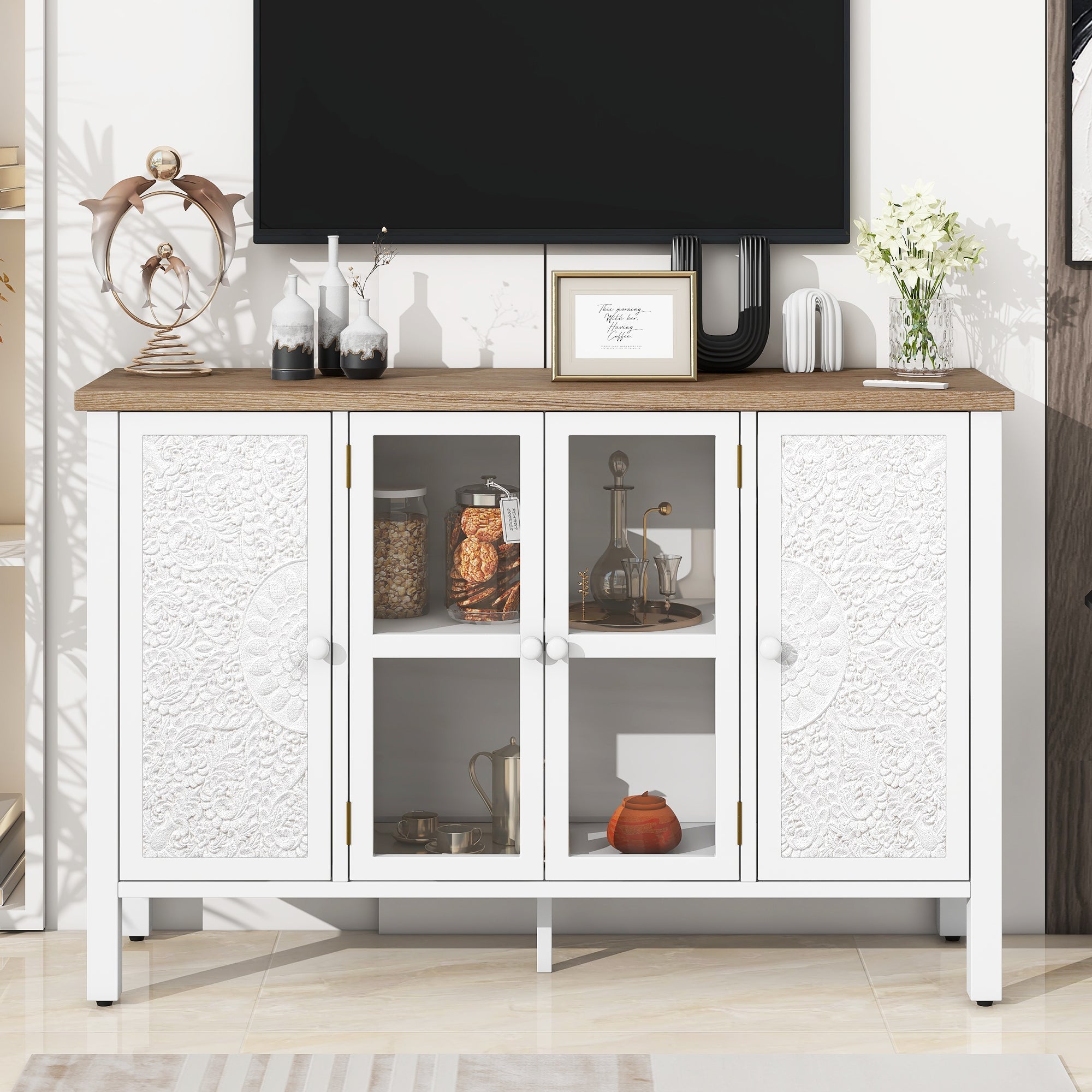 U-Can 47.2'' Retro TV Stand for TVs up to 43 Inches, Entertainment Center Media Console Cabinet with 3 Spacious Cabinets, Glass Cabinet Doors and Anti-tip Device for Living room
