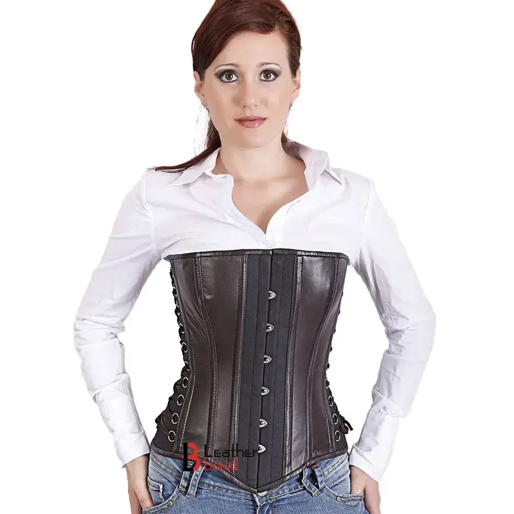 Genuine Real Sheep Leather & Stainless Steel Spiral Bones overbust corset Brown Black