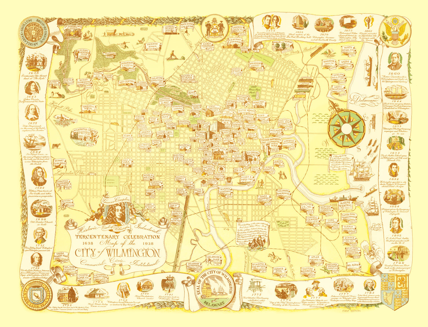 Vintage Map of Wilmington, Delaware 1938